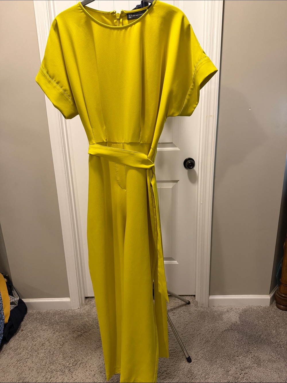 New York & Company Bright Yellow Jumpsuit with Waist Tie